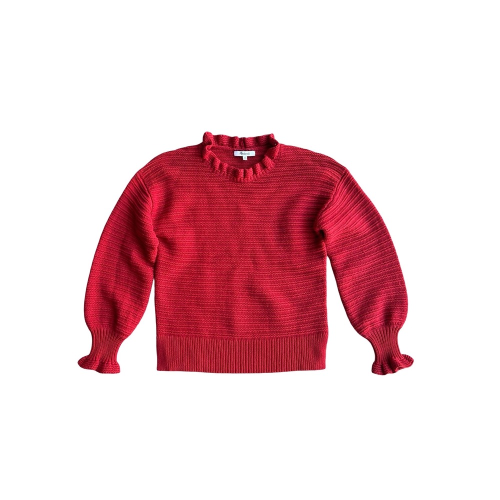 Madewell $88 Ruffle Neck Pullover Knit Sweater Red Cotton Merino Wool XS AG587